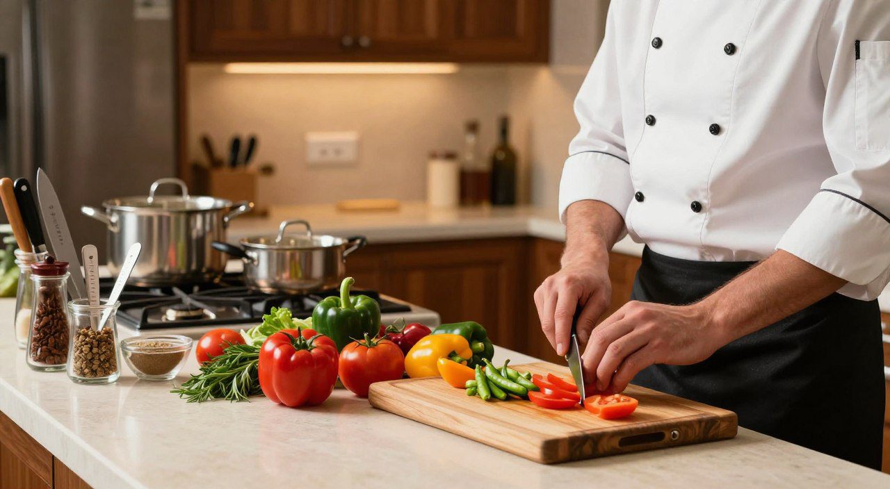 Ingredientes frescos sendo preparados em uma cozinha organizada, representando a importância de cozinhar na culinária.