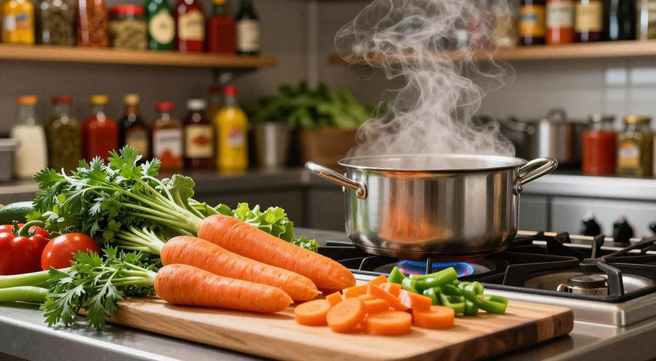 Ingredientes frescos e panela no fogão durante o preparo de alimentos cozidos em uma cozinha organizada.