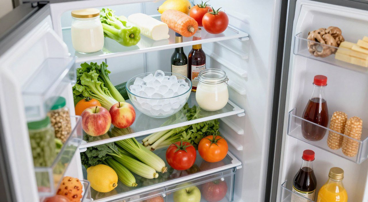 Geladeira organizada com frutas, verduras, laticínios e alimentos preparados armazenados corretamente para conservação.