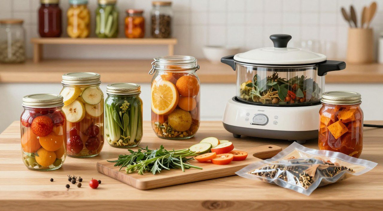 Diferentes métodos de conservação dos alimentos com potes, alimentos secos e embalagens a vácuo.