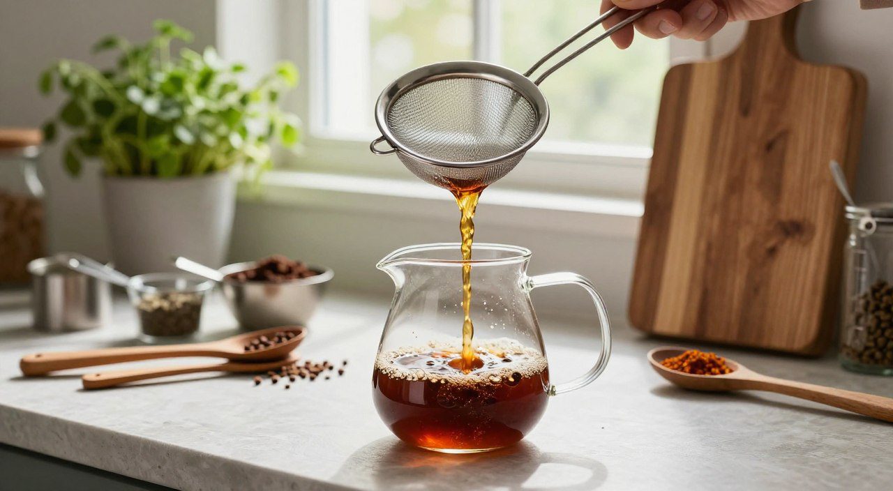 Para que serve coar na culinária? Café sendo coado em um coador metálico, com o líquido passando para uma jarra enquanto os resíduos ficam retidos.