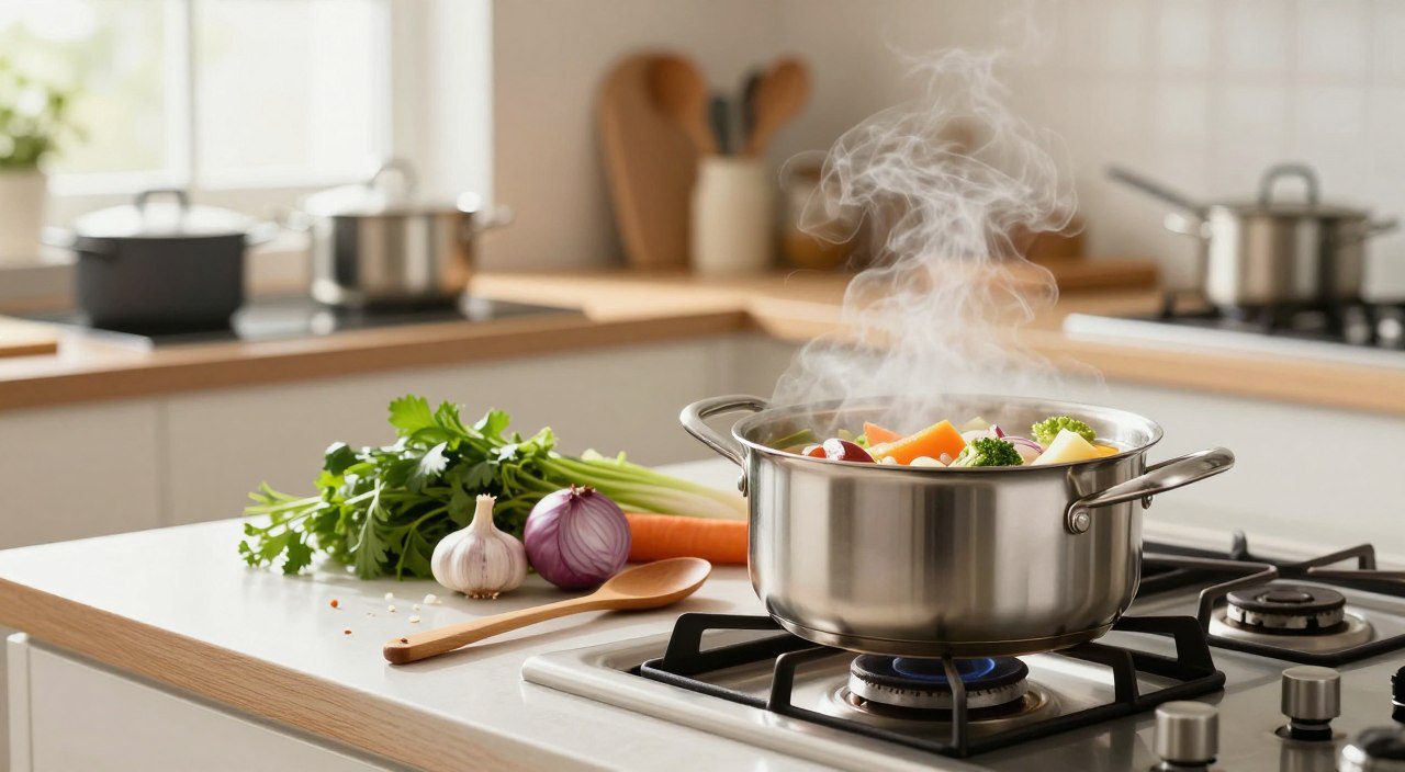 Legumes e caldo fervendo em uma panela, representando a técnica de ferver na culinária.