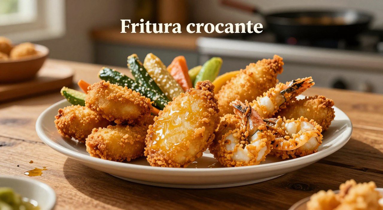 Por que a técnica de fritar é tão utilizada na culinária? Alimentos fritos dourados e crocantes mostrando o uso da técnica de fritar na culinária.