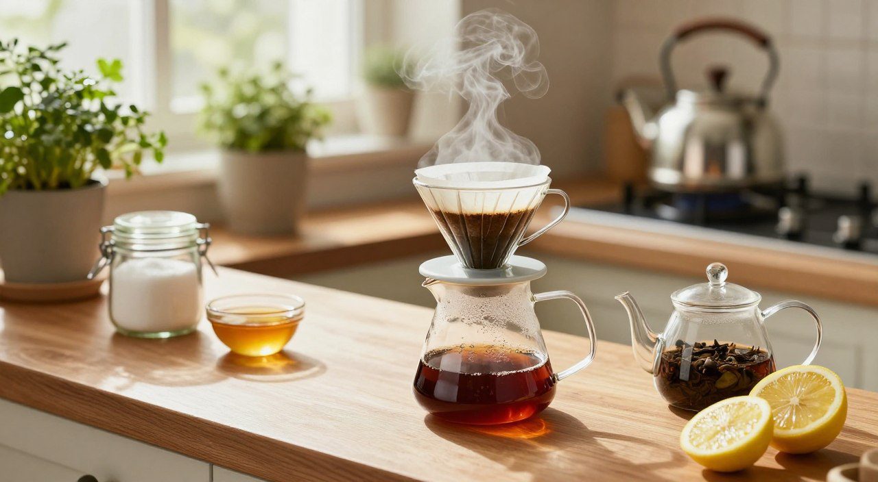 Quais alimentos e preparações podem ser coados? Café sendo coado ao lado de chá, limão e utensílios de cozinha, representando diferentes bebidas e preparações que podem ser coadas.
