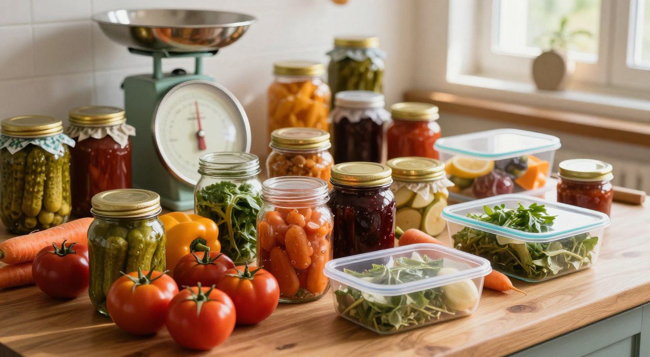 Frutas, verduras e legumes armazenados em potes de vidro e recipientes para conservação de alimentos.