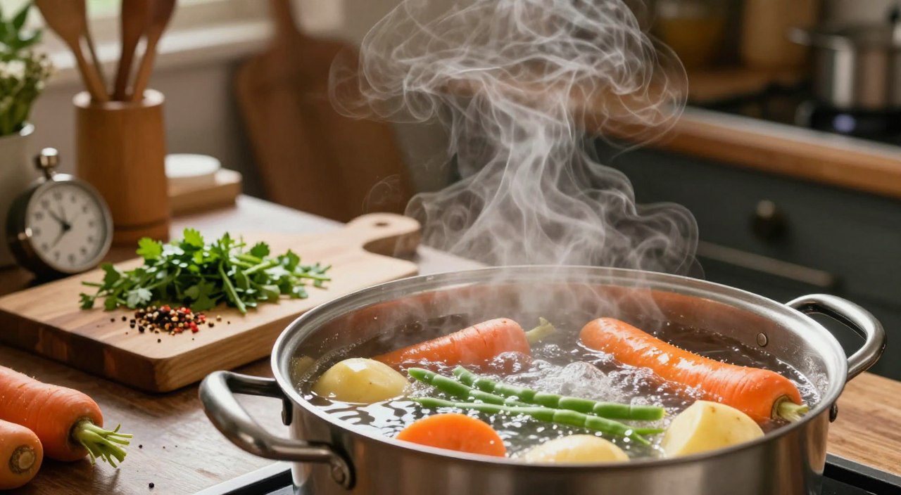 Legumes como batatas, cenouras e vagens sendo preparados por fervura em uma panela.