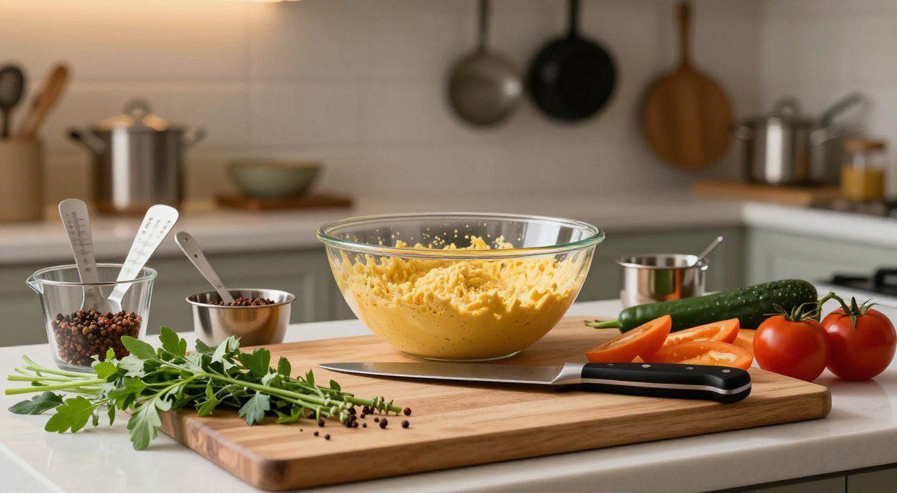 Qual é a diferença entre gastronomia e culinária? Bancada com vegetais, ervas, temperos, utensílios e técnicas de preparo, representando os conceitos de gastronomia e culinária.
