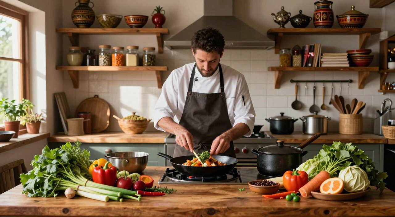 Qual é a importância da gastronomia? Cozinha com alimentos frescos, ervas, utensílios e preparo de uma receita, representando a relação entre gastronomia, cultura e tradição.