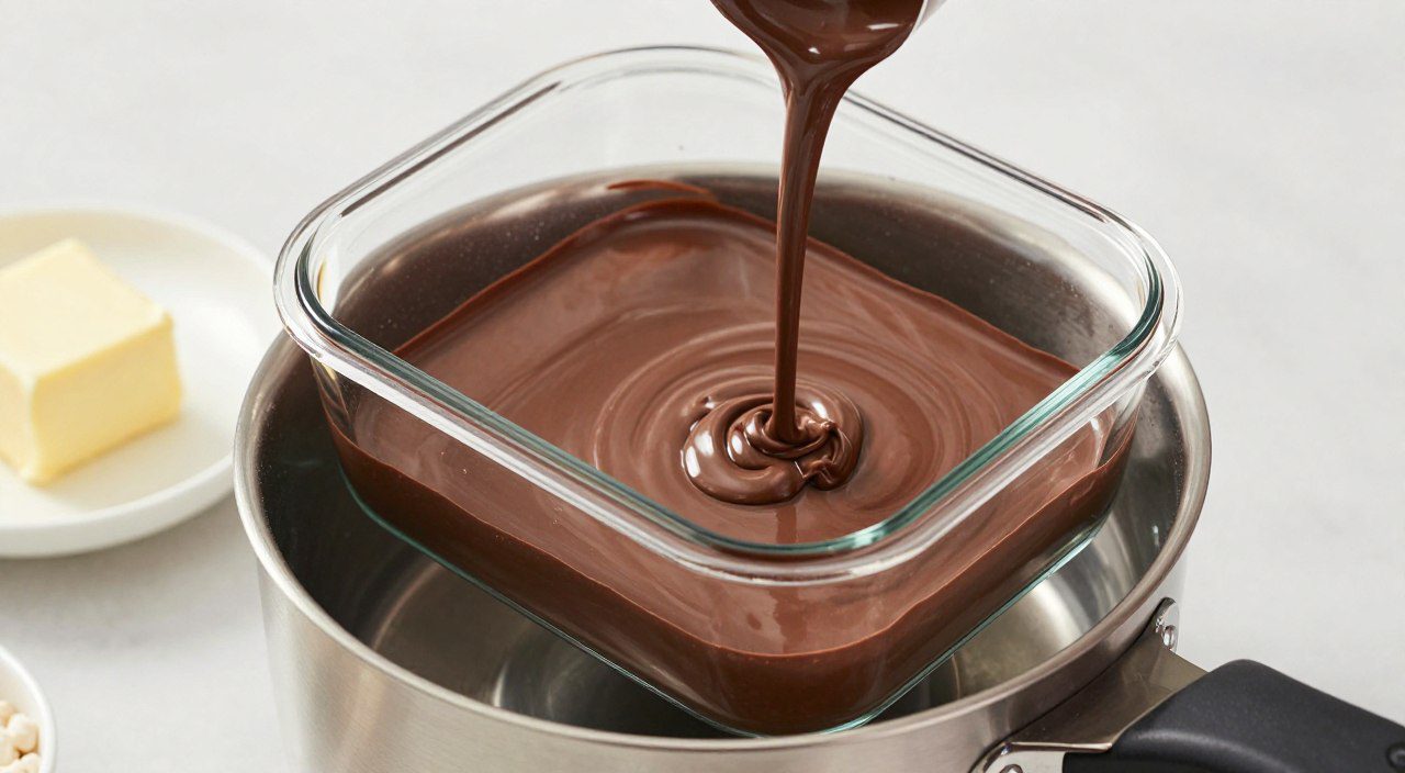 Recipiente com chocolate sendo aquecido em banho-maria dentro de uma panela com água quente sobre o fogão.