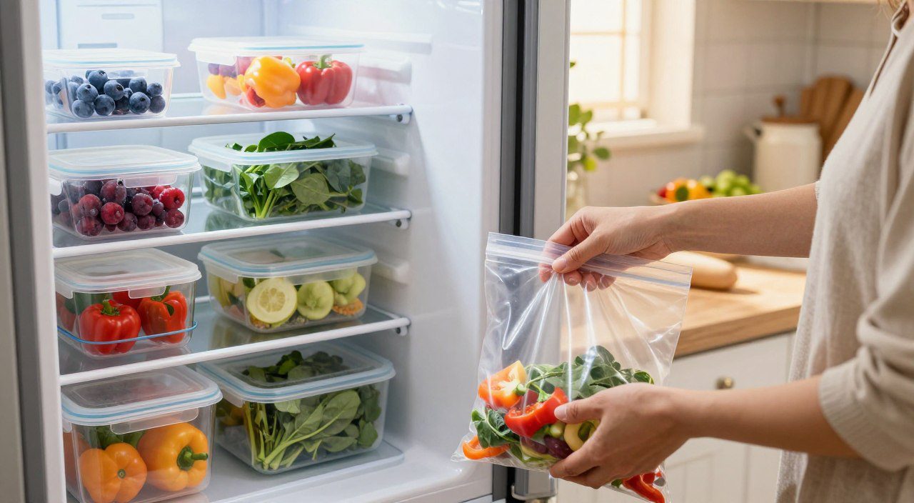 Frutas e vegetais sendo organizados em embalagens próprias para congelamento ao lado de um freezer com alimentos armazenados.