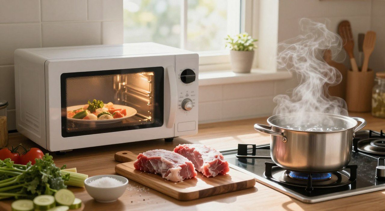 Por que descongelar corretamente é importante na culinária? Carne e vegetais congelados em uma cozinha com diferentes recursos utilizados para o descongelamento seguro dos alimentos.
