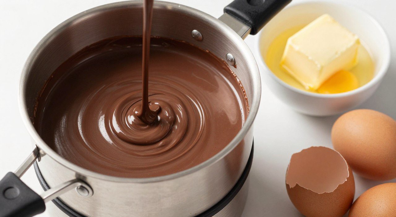 Chocolate sendo derretido em banho-maria acompanhado por ingredientes usados no preparo de pudins, cremes e sobremesas.
