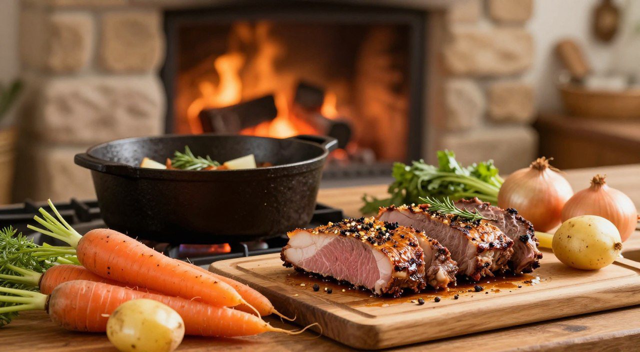Carnes, batatas, cenouras e cebolas acompanhadas por ervas e temperos, representando alimentos indicados para assar lentamente.