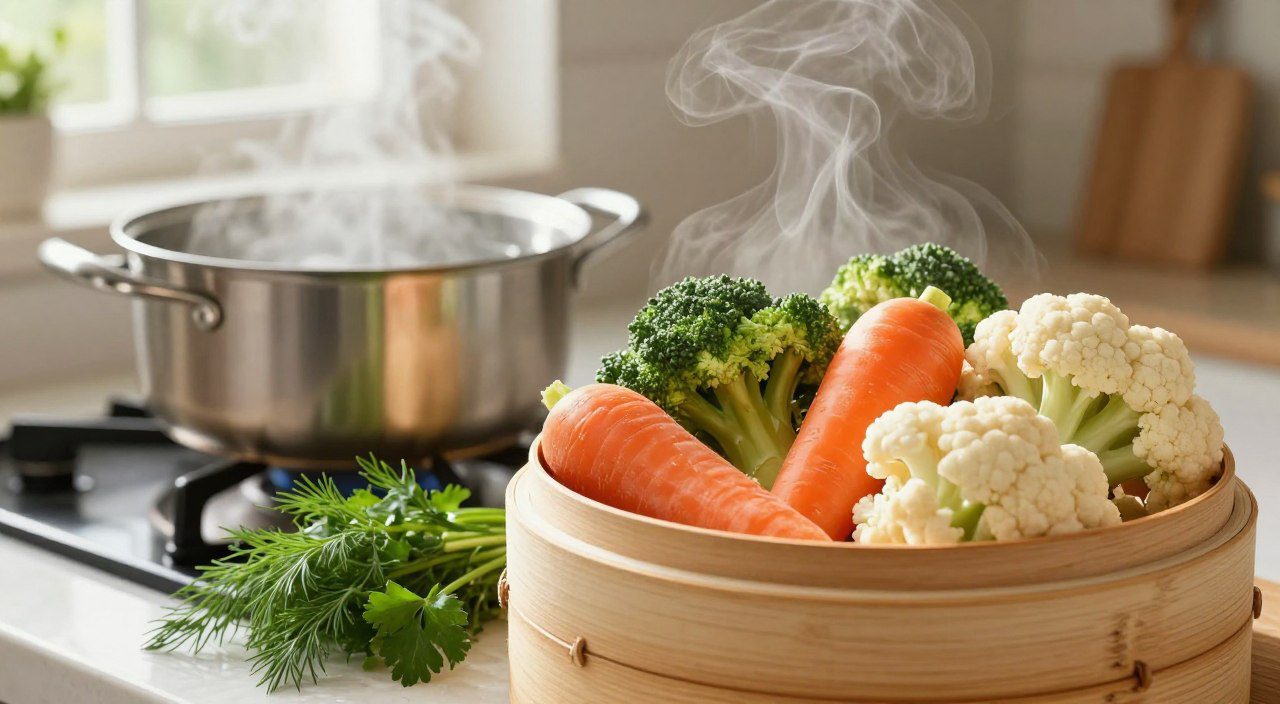 Quais alimentos podem ser cozidos no vapor? Brócolis, cenoura e couve-flor em uma cesta de cozimento a vapor, acompanhados por ervas frescas.