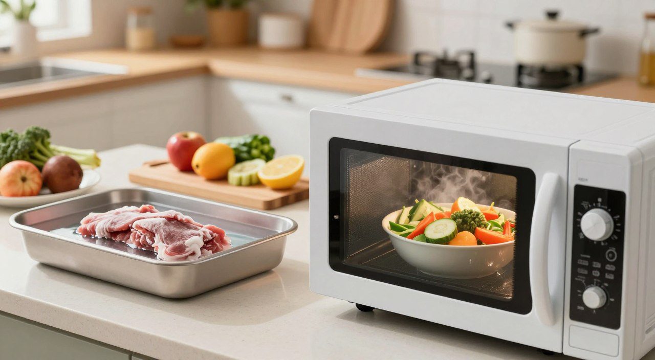 Quais são as formas de descongelar alimentos? Alimentos sendo descongelados com diferentes métodos em uma cozinha, incluindo micro-ondas e recipiente com água fria.