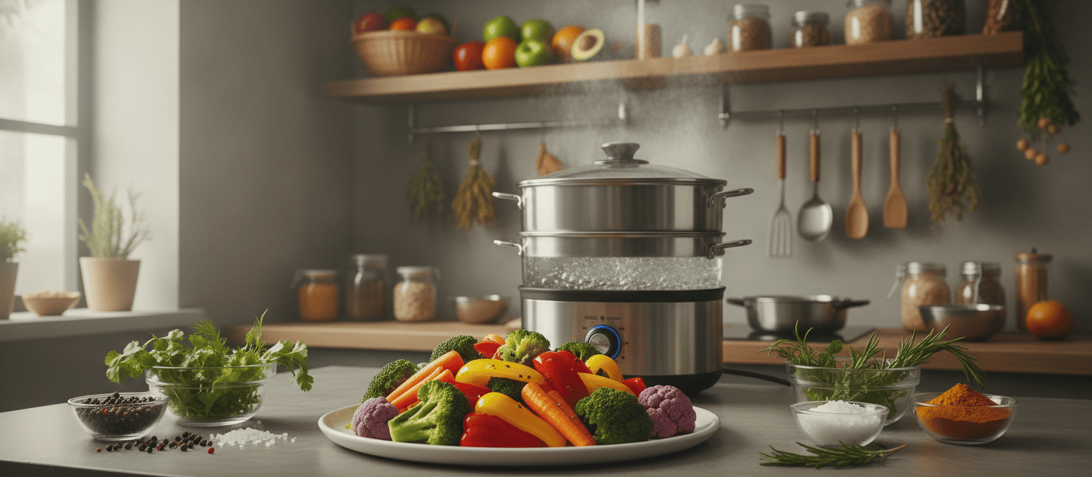 Quais são as vantagens de cozinhar no vapor? Brócolis, cenoura e pimentão cozidos no vapor, acompanhados por ervas e temperos em uma cozinha.