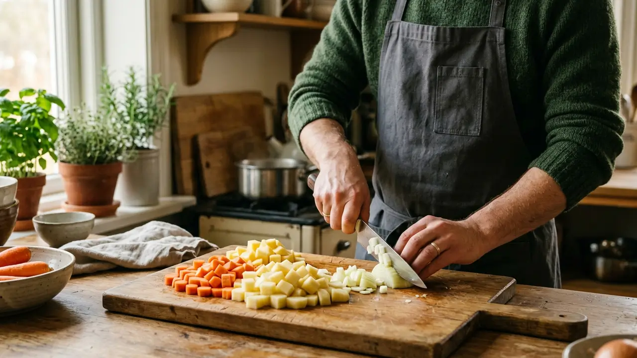 Legumes cortados em cubos sobre uma tábua de madeira na cozinha