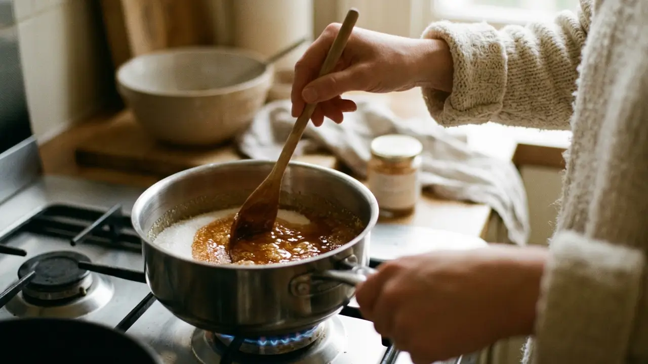 Açúcar sendo caramelizado em panela durante preparo culinário