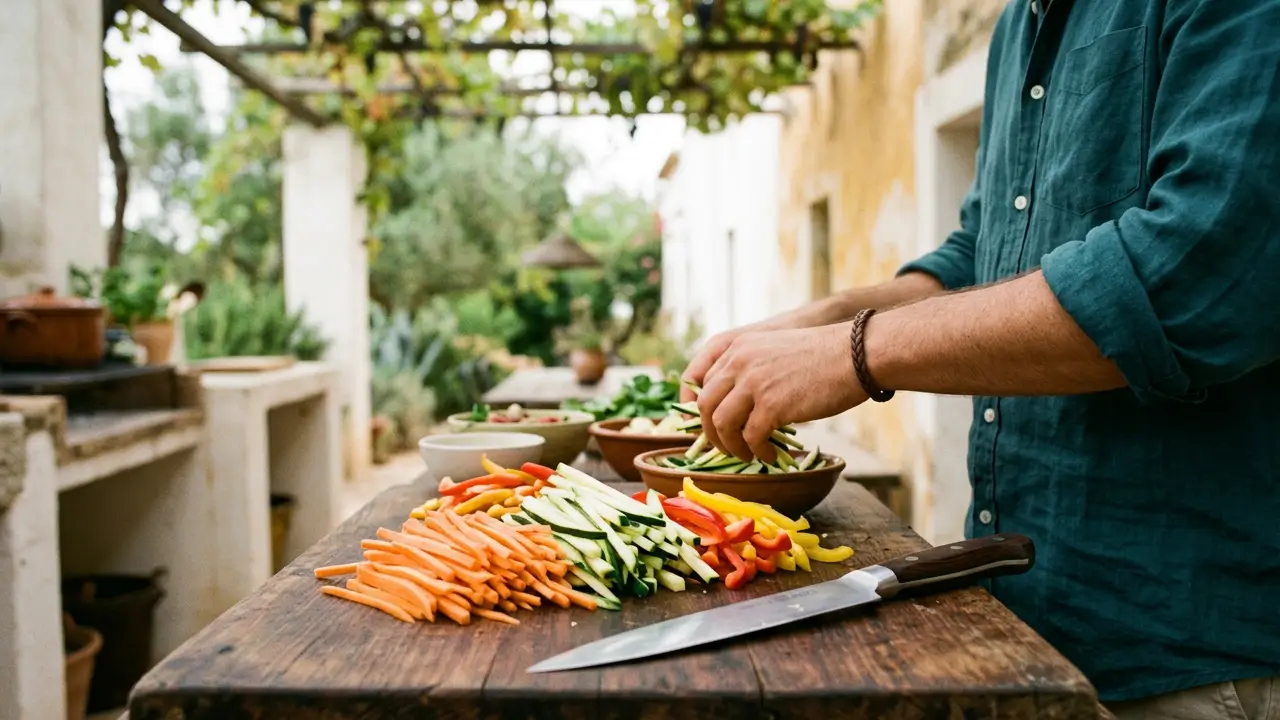 Legumes cortados em julienne sobre tábua de madeira