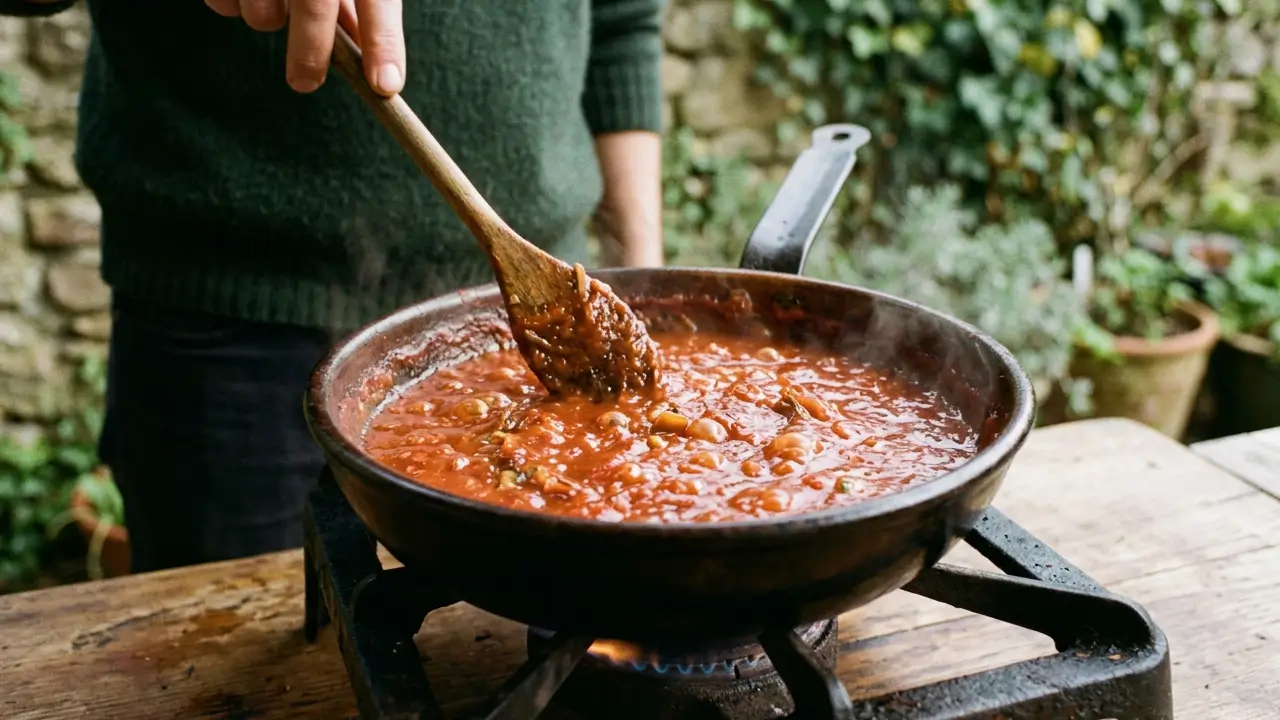 Molho em processo de redução durante preparo culinário