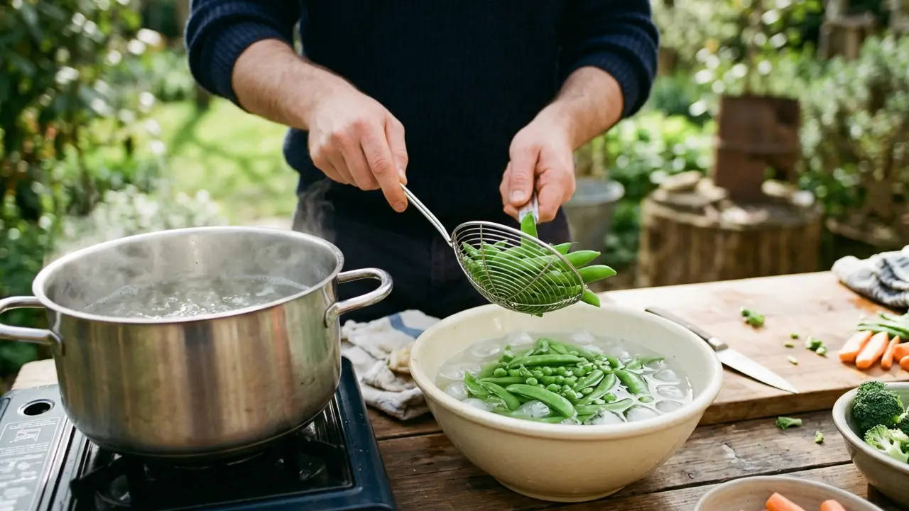 Legumes sendo branqueados em água fervente e resfriados em água com gelo