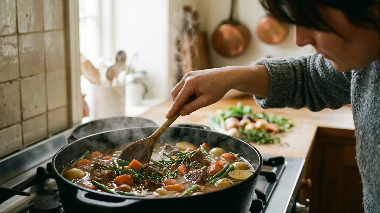 Alimentos sendo cozidos em panela durante preparo culinário