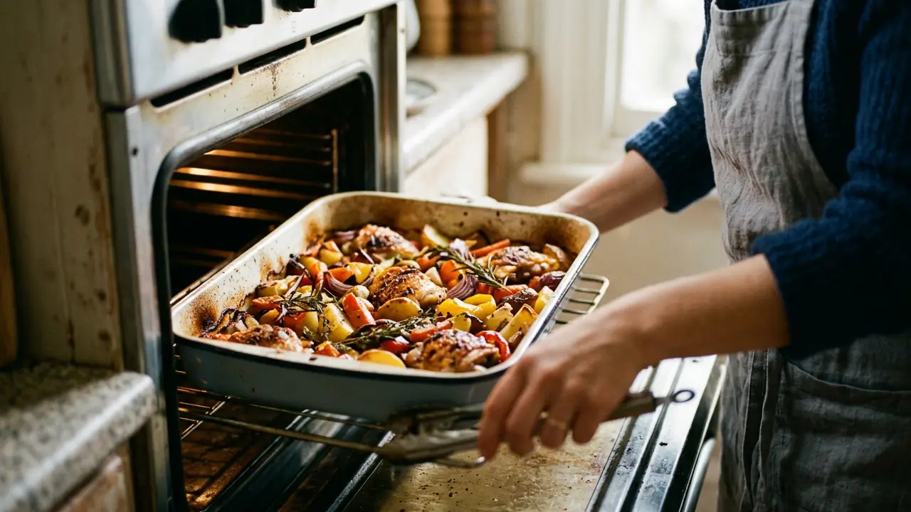 Alimentos assando no forno durante preparo culinário