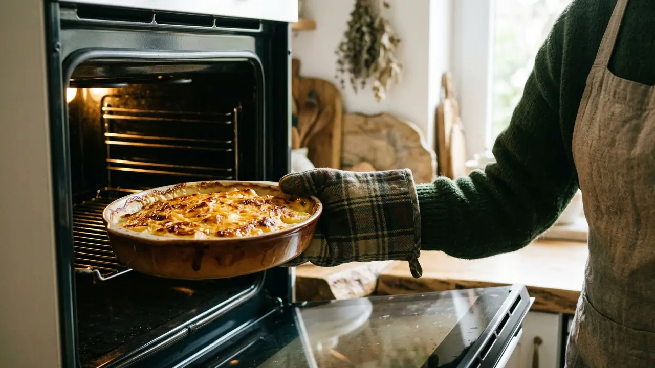 Prato gratinado com superfície dourada saindo do forno