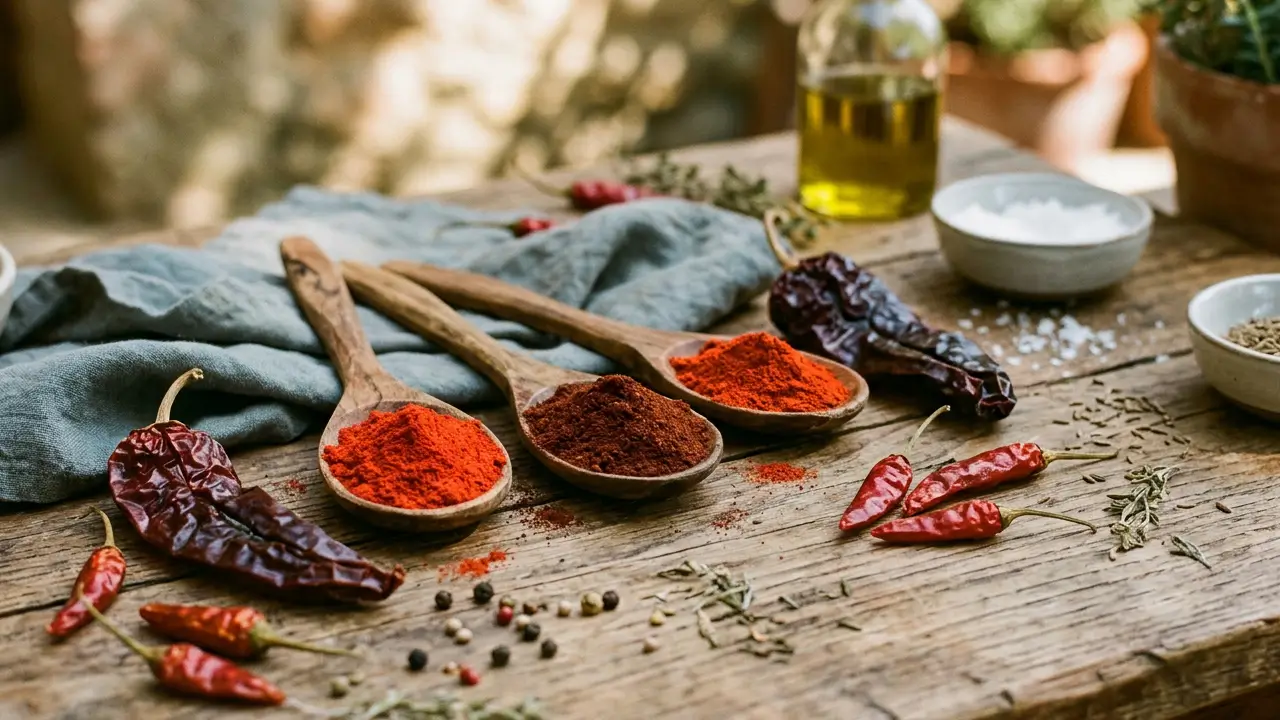 Páprica em pó em colheres de madeira sobre mesa de cozinha