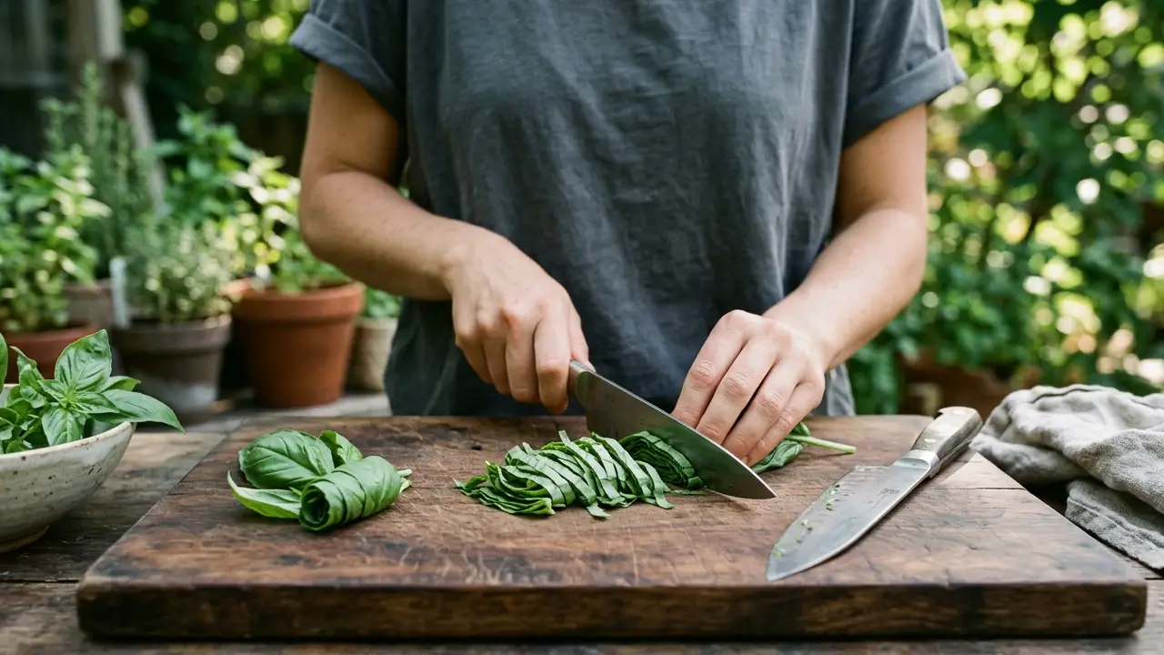 Folhas verdes cortadas em tiras finas com a técnica chiffonade