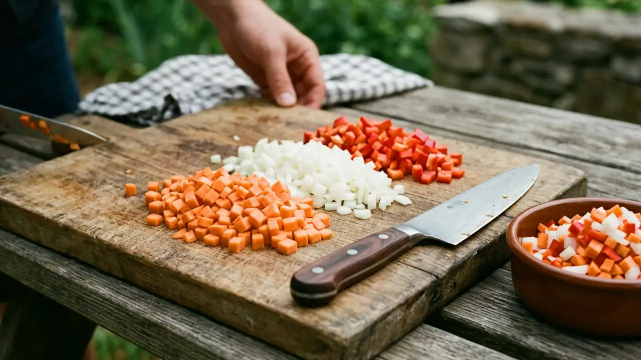Legumes cortados em pequenos cubos uniformes com técnica brunoise
