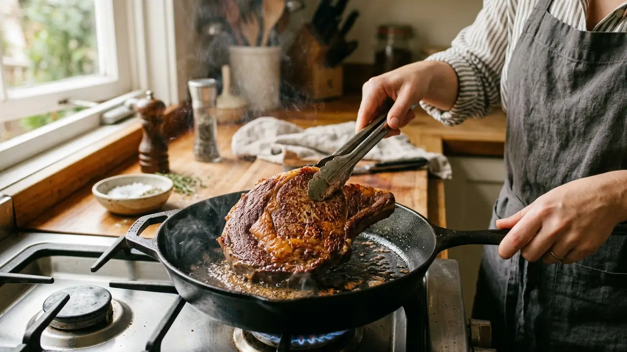 Carne sendo selada em frigideira quente durante preparo culinário