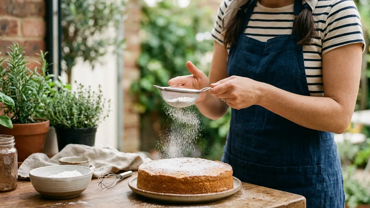 Pessoa pulverizando açúcar de confeiteiro sobre um bolo