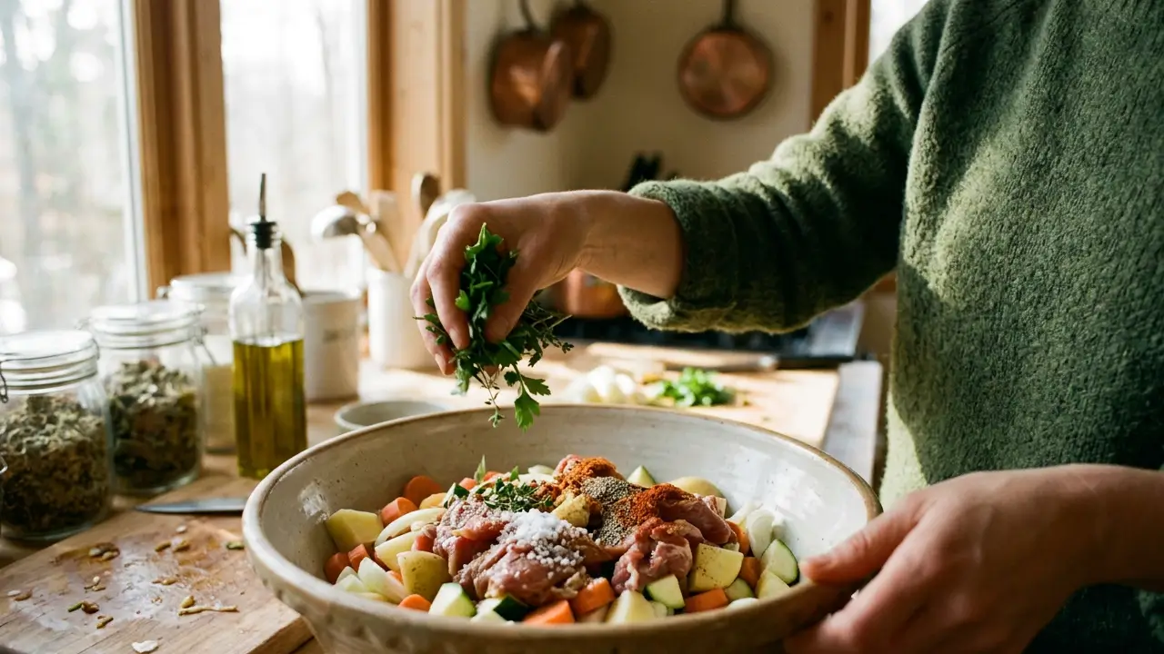 Pessoa temperando alimentos com ervas e especiarias na cozinha