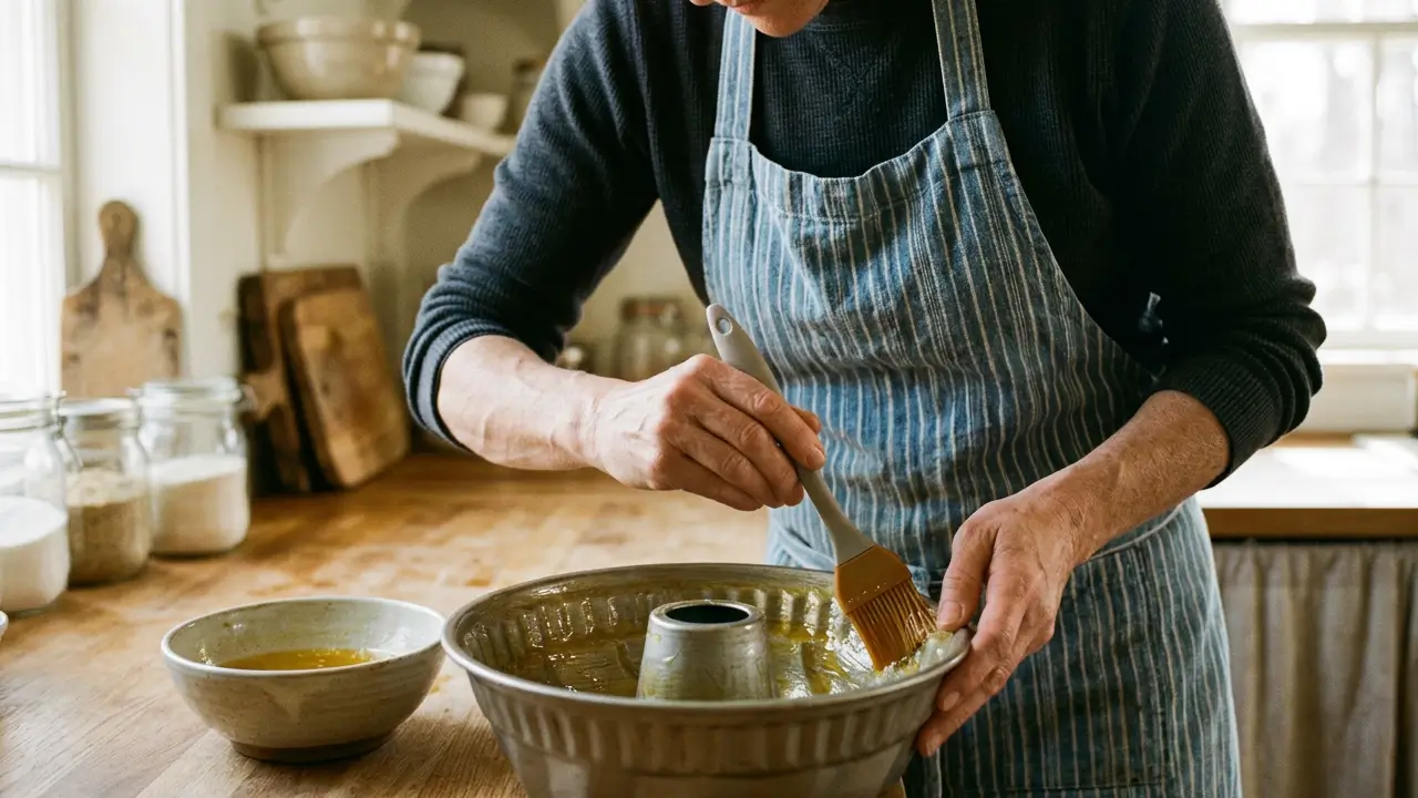 Pessoa untando uma forma de bolo com pincel culinário