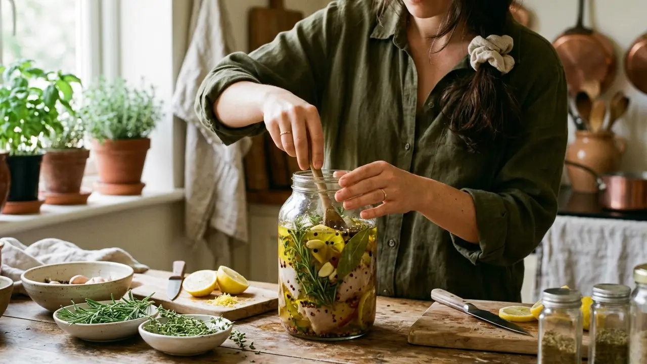 Alimento em marinada com ervas e temperos em recipiente de vidro