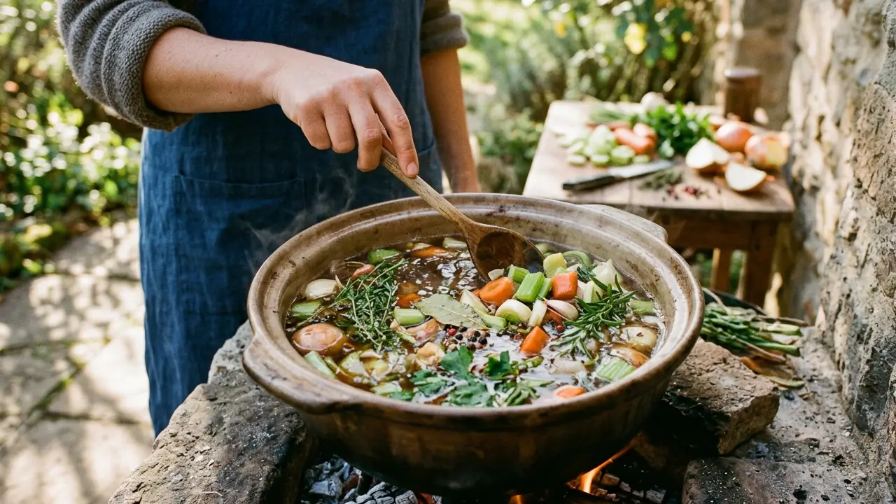 Caldo-base sendo preparado com legumes e ervas na culinária