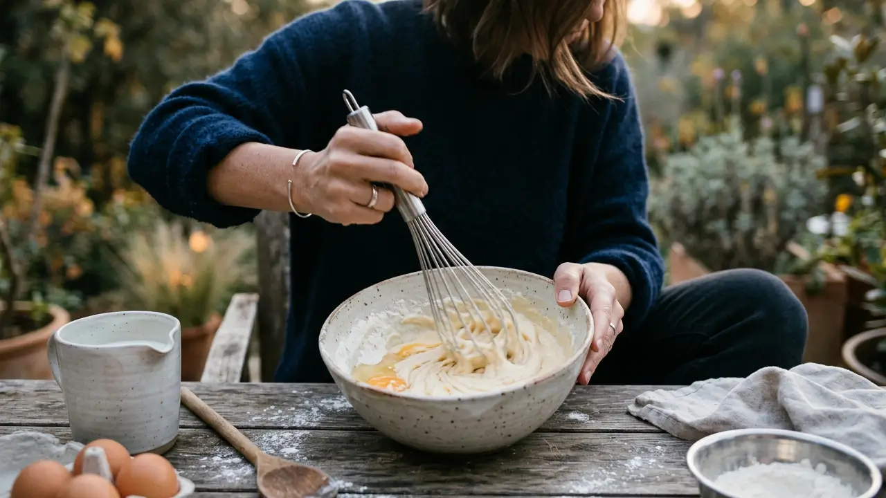 Pessoa batendo ingredientes em uma tigela com batedor manual